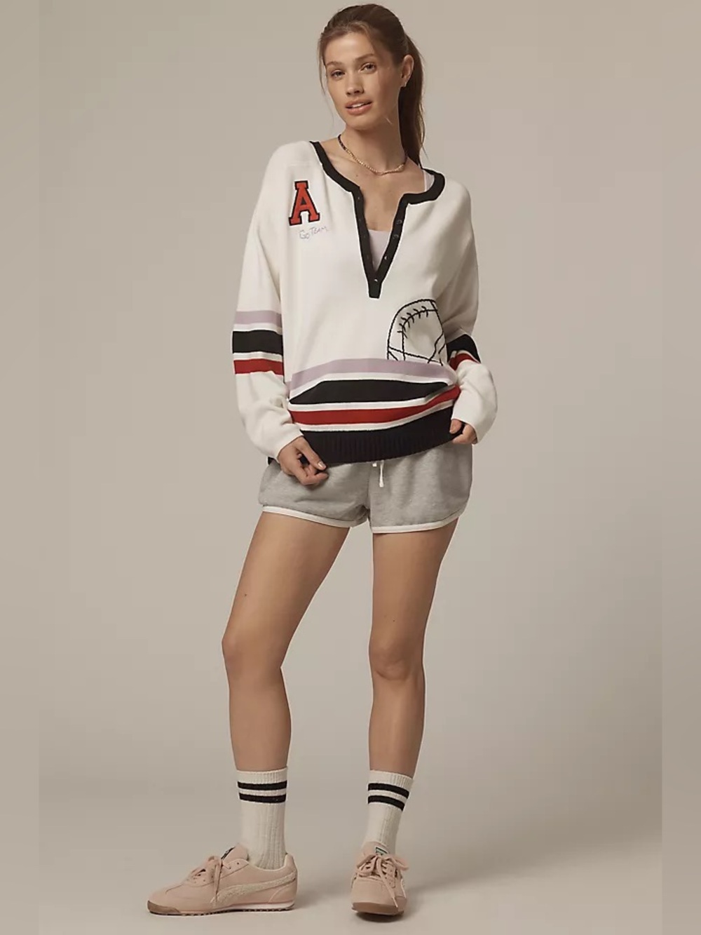 1222.ANTHROPOLOGIE Daily Practice Go Team Embroidered HenleySweater SzM NWT $178 - Picture 2 of 10